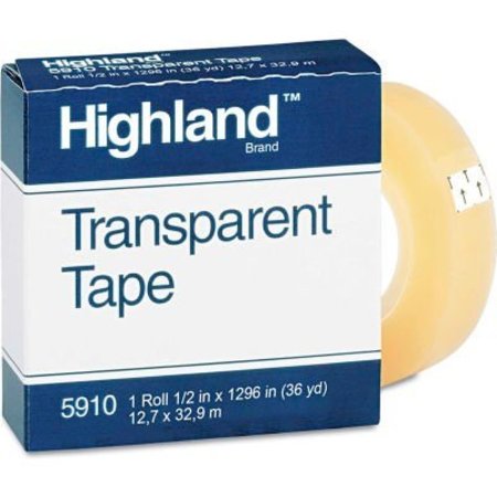 3M Highland„¢ Transparent Tape, 1/2" x 1296", 1" Core, Clear 5910121296